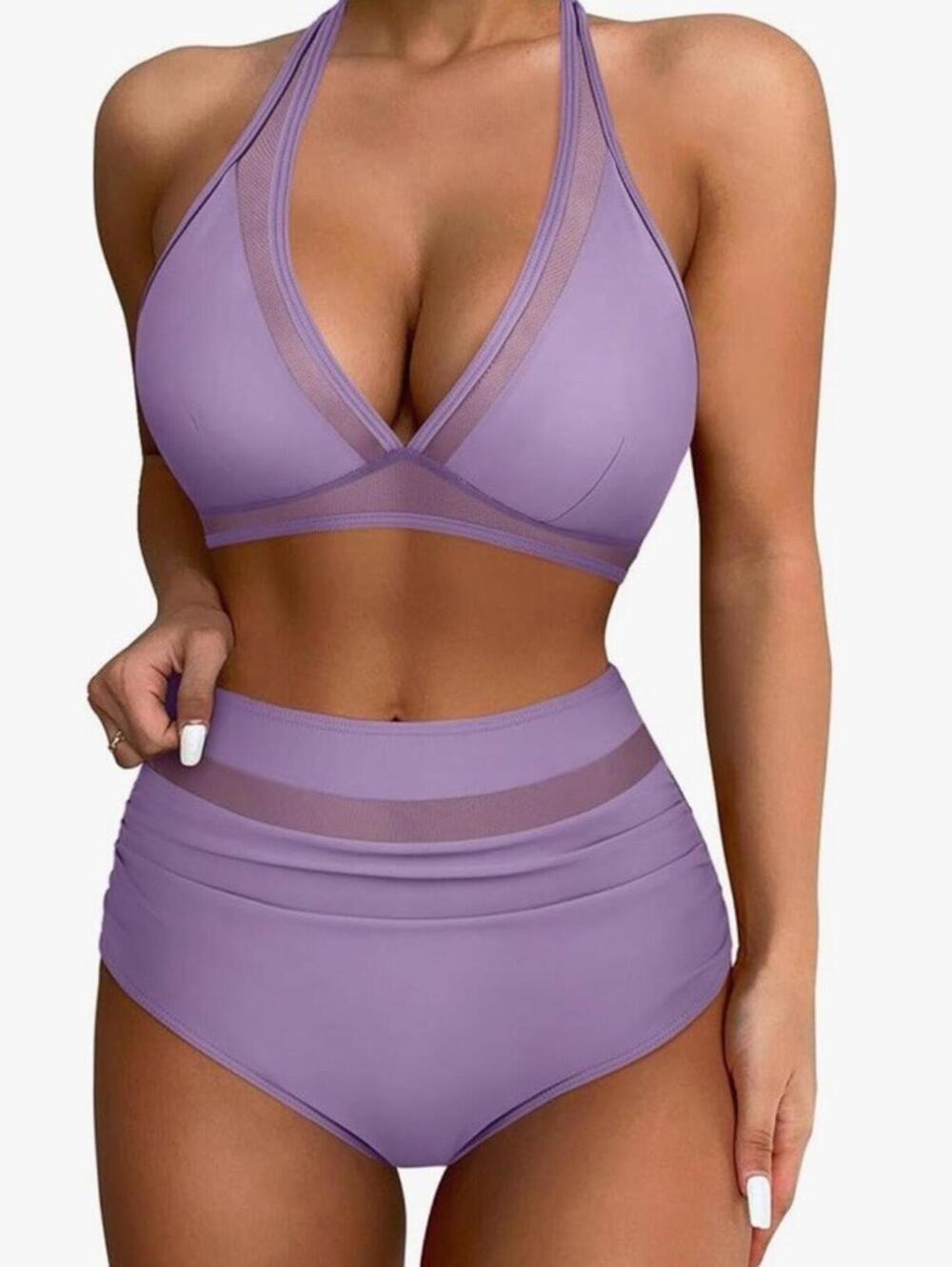 SUUKSESS Women Purple High Waist Bikini Sets Mesh Tummy Control 2 Piece Sz Med